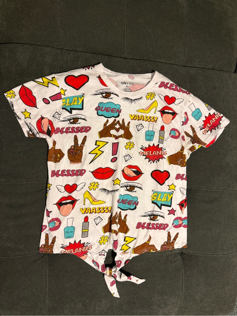 On Fire Women's XL Graphic Tie-Front Tee - Melanin Slay Queen Pop Art Top